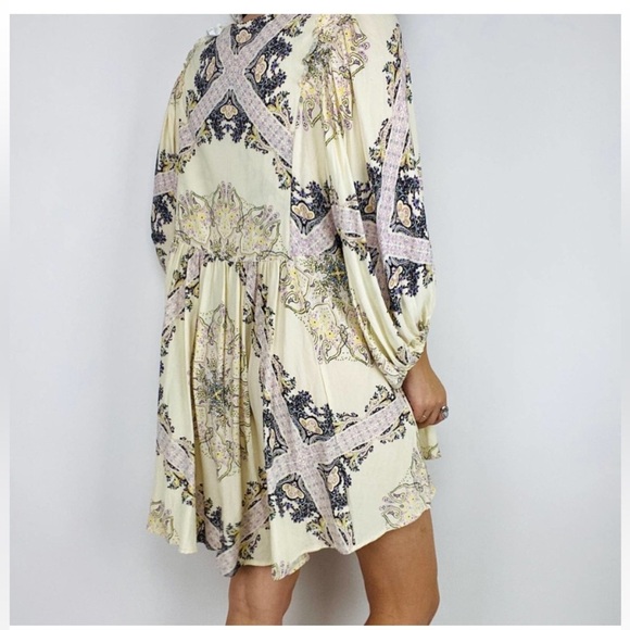 Free People Balloon Long Sleeve Cream Print Dress - Picture 2 of 3